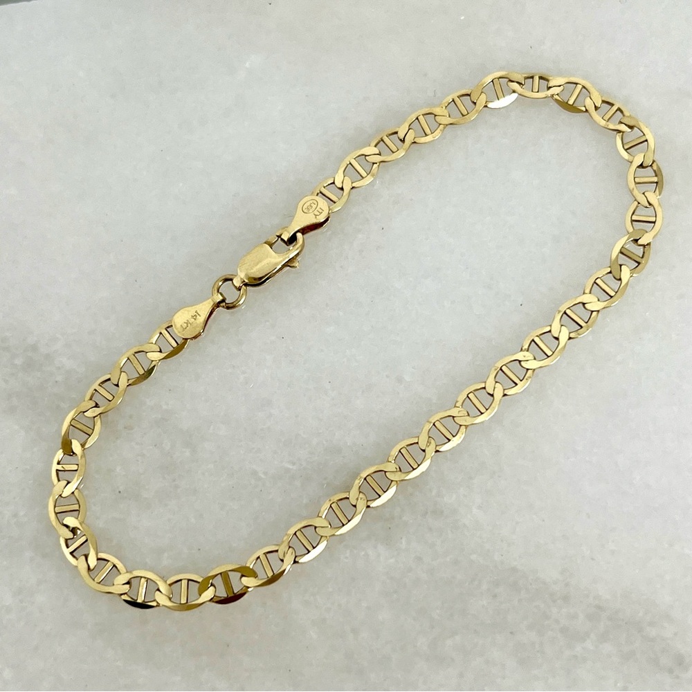 14K Yellow Gold 4mm 7.5" Mariner Anchor Link Chain Bracelet Lobster Clasp - New